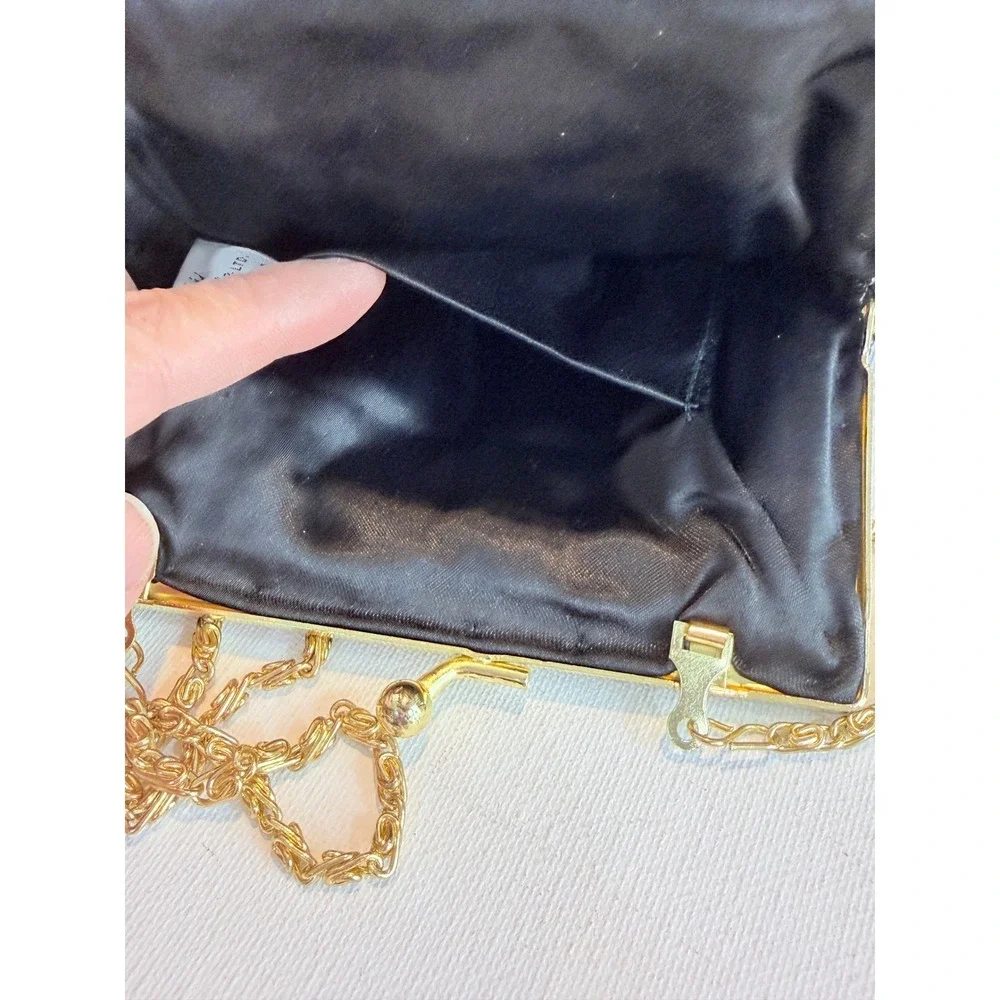 Vintage 80s La Regale Black Beaded Chevron Evening Bag Gold Chain Clutch Purse